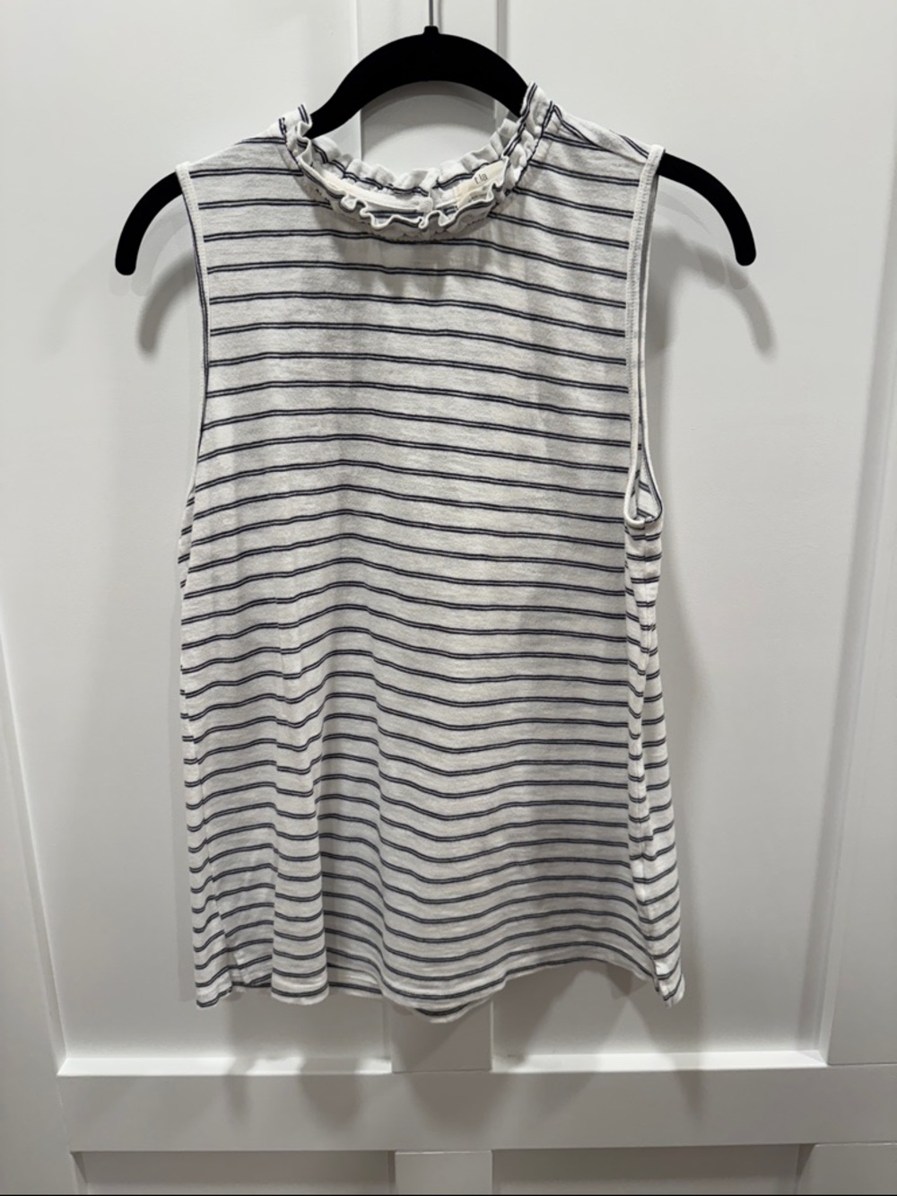 T.La White and Black Striped Ruffle Mock Neck Sleeveless Tank